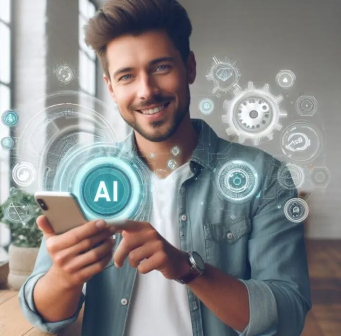 Handsome Young man on phone using AI