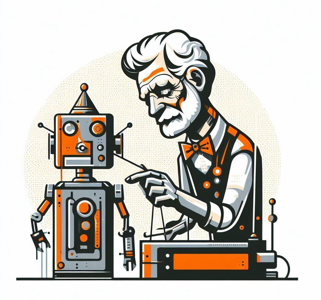 Pinocchio-like creator working on his masterpiece AI robot.